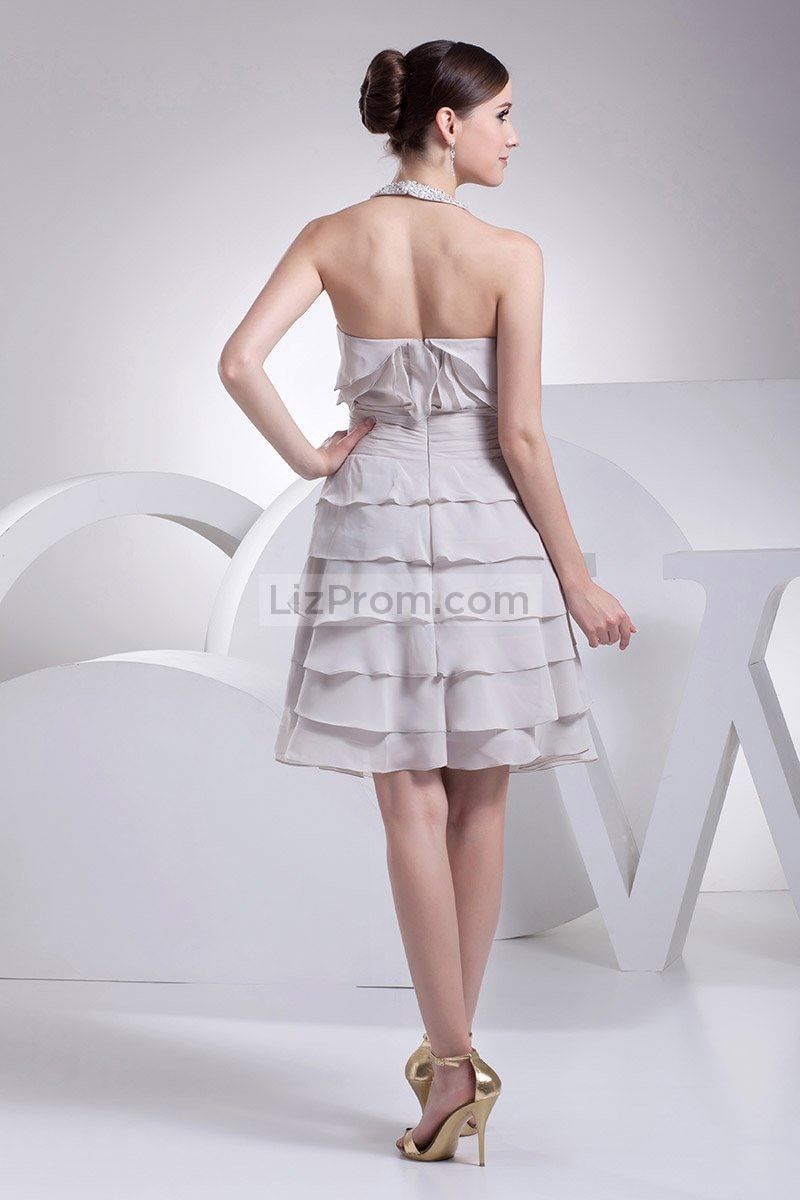 Gray Chiffon Halter Short Bridesmaid Prom Dress