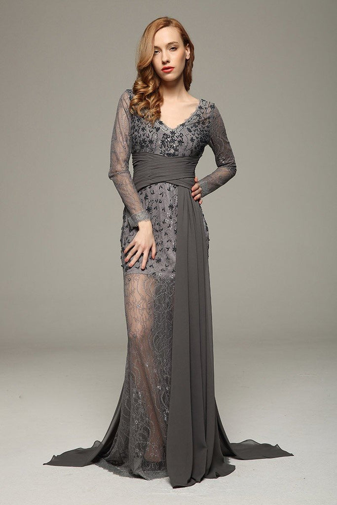 Gray V-neck Beaded Lace Prom Wedding Dress With Long Sleeves
