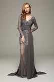 Gray V-neck Beaded Lace Prom Dress With Long Sleeves