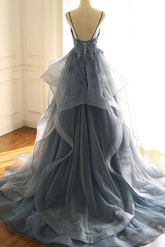 Gray Luxury Applique V-neck Wedding Ruffled Dress