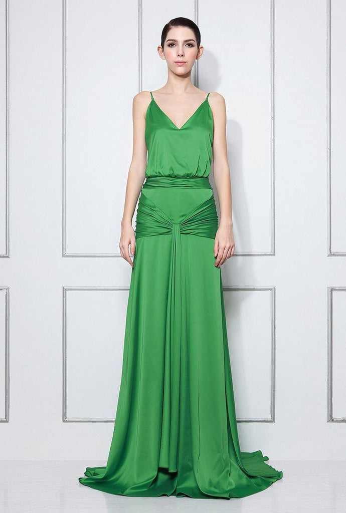 Green V-neck Spaghetti Strap Ruffled Long Prom Dress