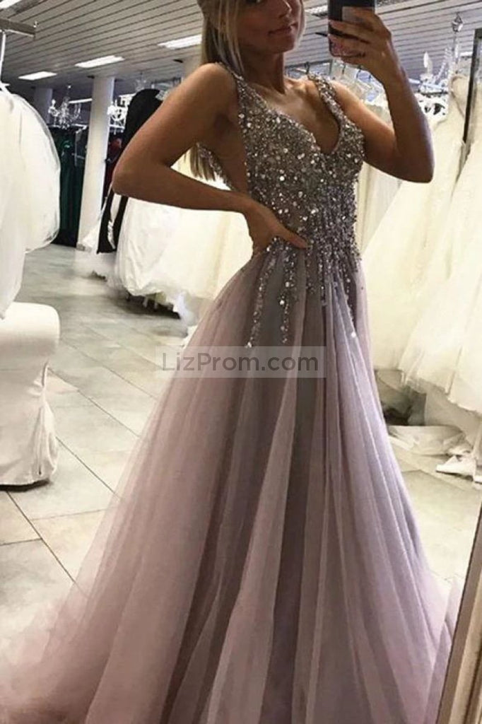 Grey Sexy Deep V-neck Thigh-high Slit Beaded Prom Dress