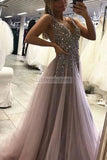 Grey Sexy Deep V-neck Thigh-high Slit Beaded Prom Dress