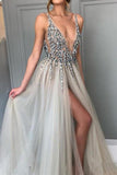 Grey Sexy Deep V-neck Thigh-high Slit Beaded Prom Dress