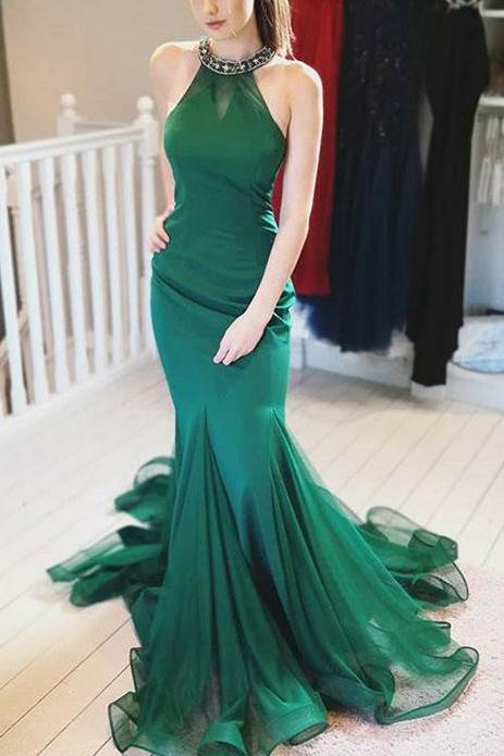 Hunter Mermaid Sleeveless Ruffled Halter Prom Dress