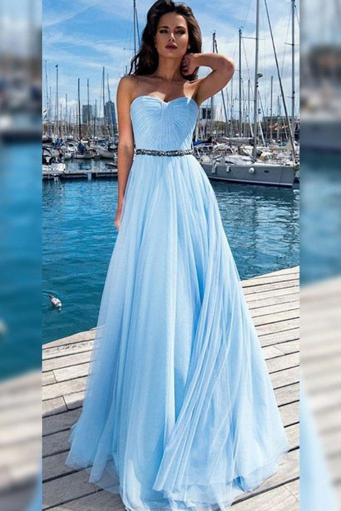 Light Sky Blue A-line Beading Strapless Chiffon Prom Dress