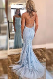 Light Sky Blue Applique Mermaid Spaghetti Straps Evening Prom Dress