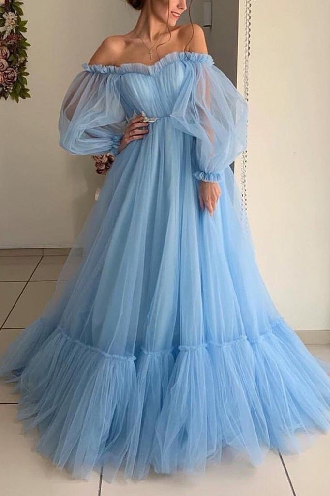 Light Sky Blue Off The Shoulder Ruffled Long Sleeves Ball Gown Dresses