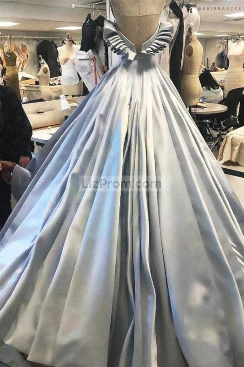 Light Sky Blue Strapless Ruffles Ball Gown Evening Prom Dress