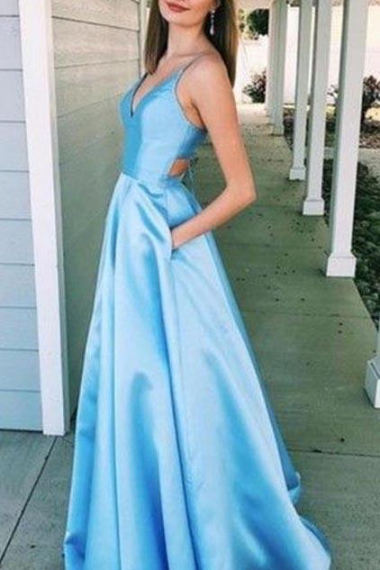 Light Sky Blue V-neck Cut Out A-line Ball Gown