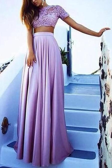 Lilac A-line Two Pieces Short Sleeves Lace Prom Dress
