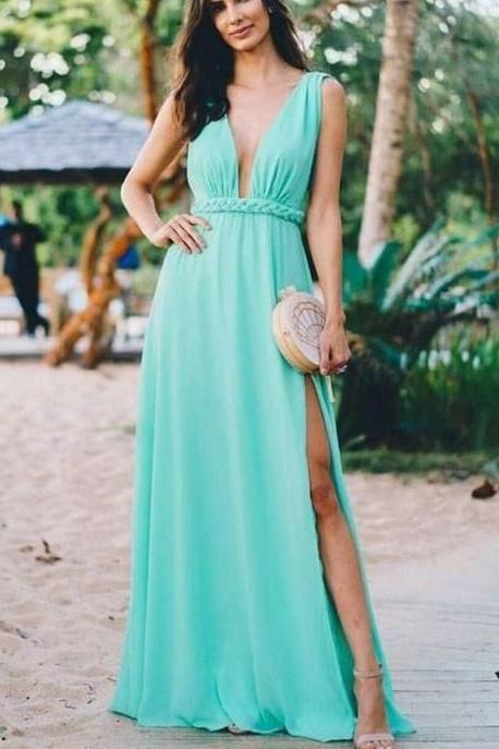 Long Mint High Split Evening Dress Prom Gown