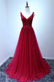 Red Beaded V-Neck A-Line Prom Gown Evening Dress