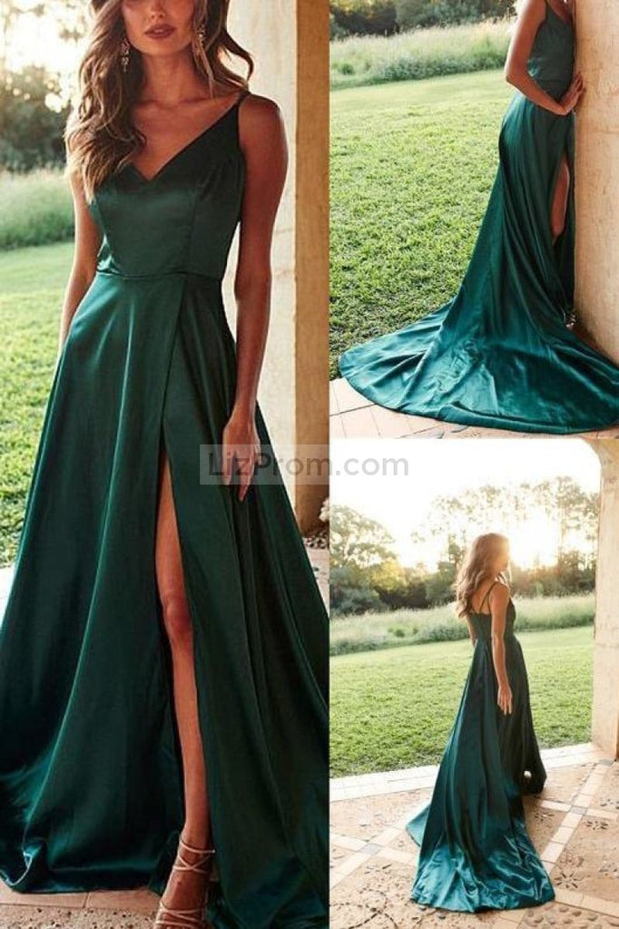 Long V-Neck A-Line High Split Evening Gown Prom Dresses