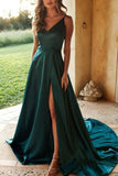 Long V-Neck High Split Spaghetti Straps Prom Dress