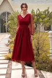 Midi Burgundy Long Sleeve A-Line Cocktail Dress