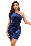 Mini Dark Green One Shoulder Velvet Party Dress