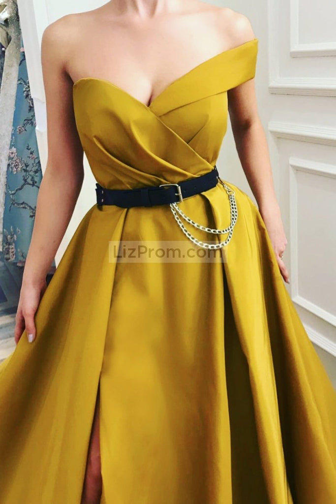 Off-The-Shoulder Thigh-High Slit Prom Ball Gown Dresses