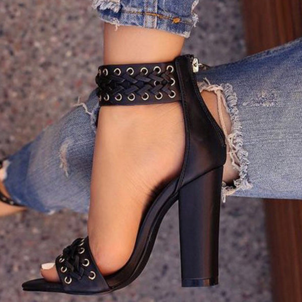 Open-toe Chunky Heel Sandals With Zipper - Mislish