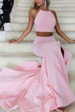 Blushing Pink Halter Two Pieces Mermaid Formal Dress