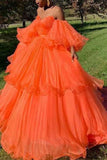Orange Strapless Sweetheart Off The Shoulder Ruffled Ball Gown