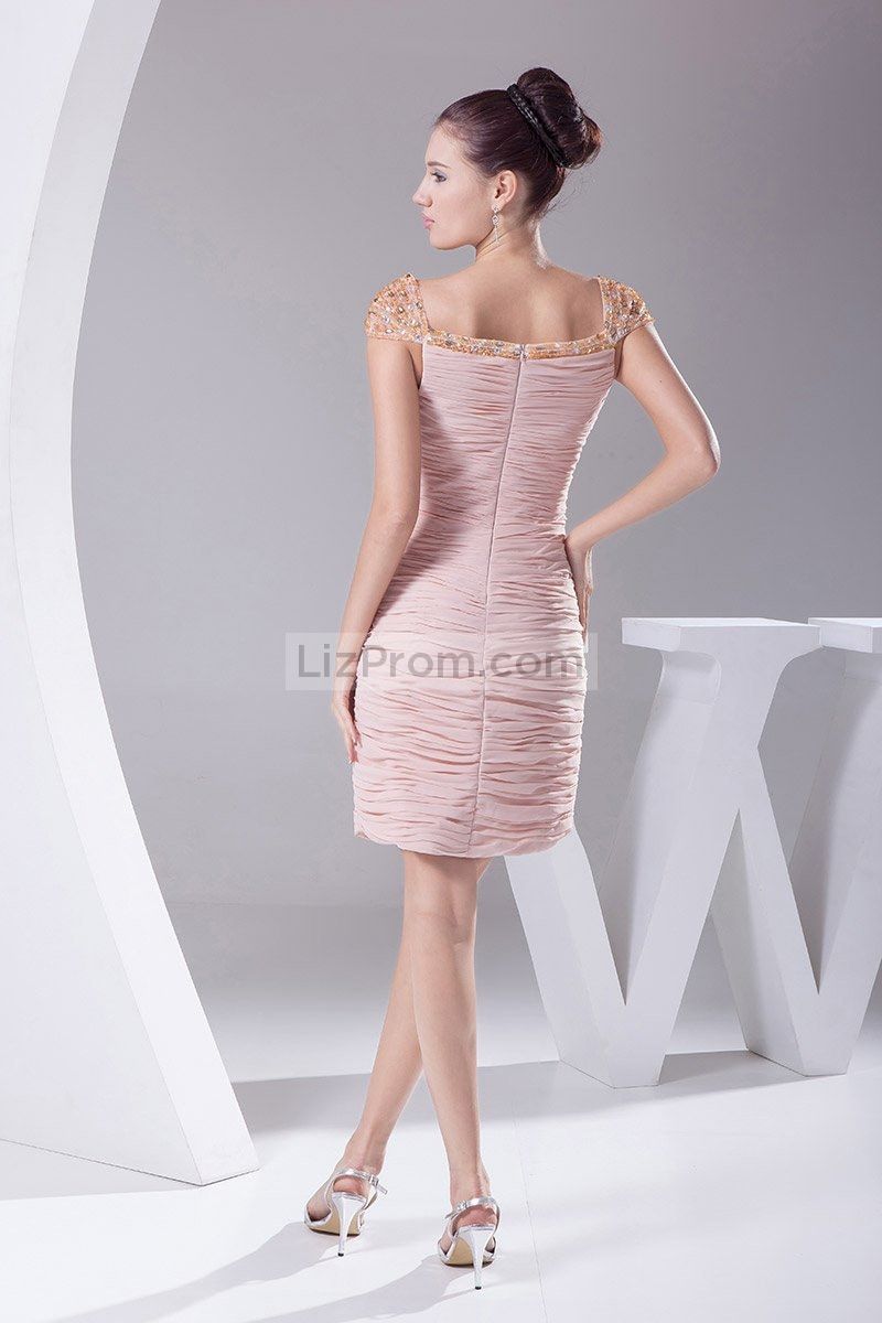 Pink Cap Sleeves Ruffled Column Short Prom Dress