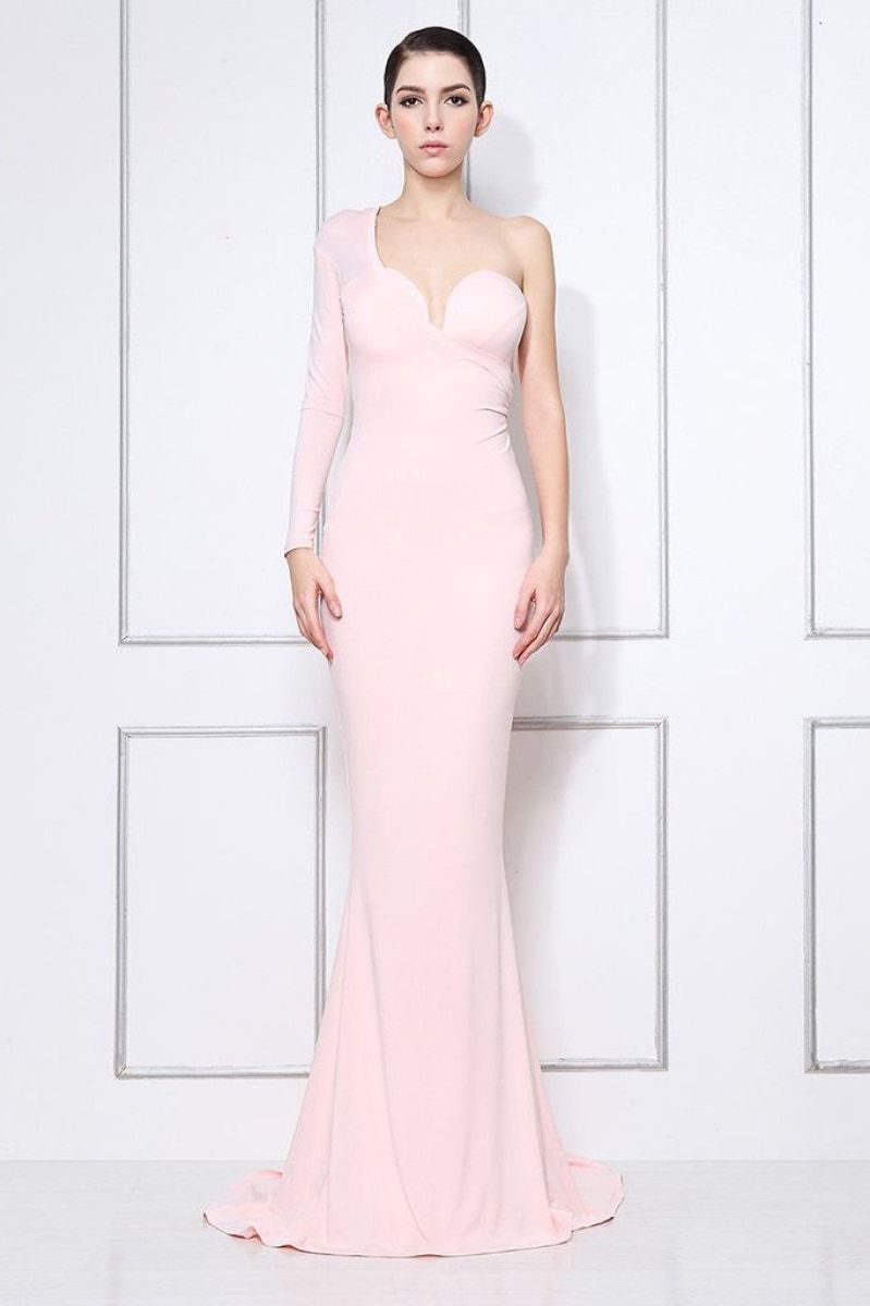 Pink One Sleeve V-neck Mermaid Long Prom Dress