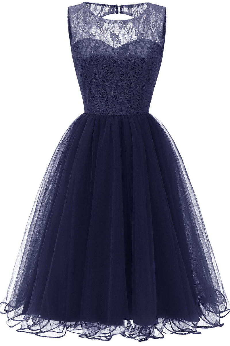 Dark Navy Sleeveless Tulle A-Line Homecoming Party Dress