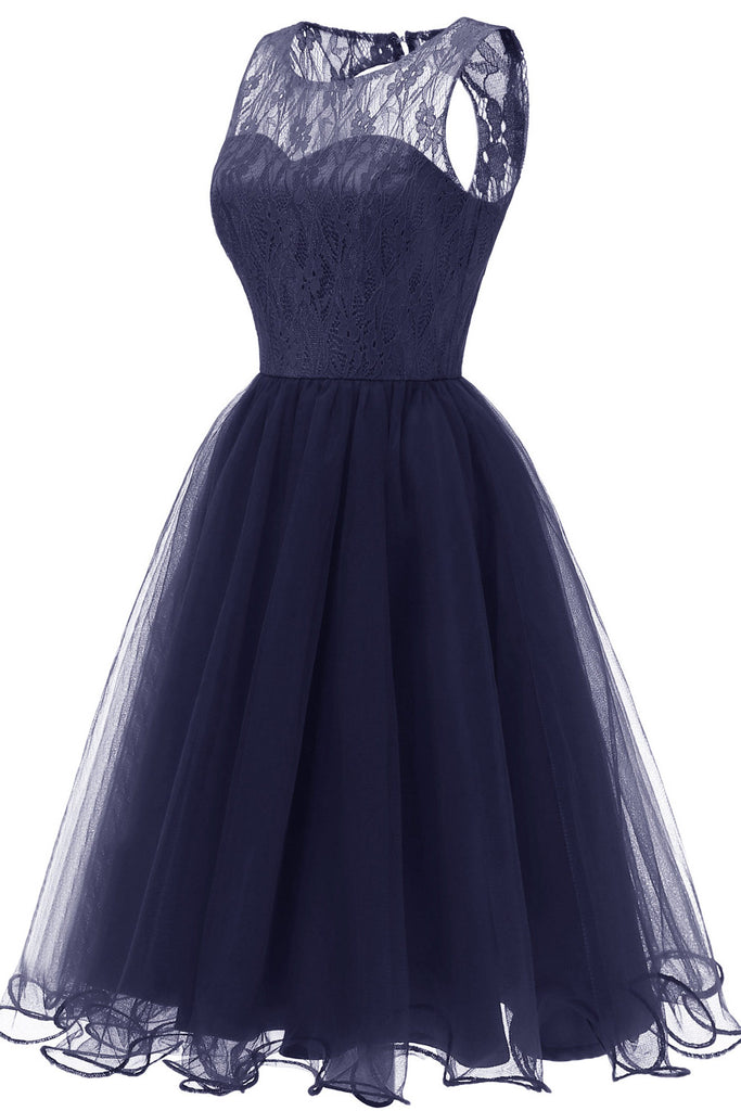 Dark Navy Sleeveless Tulle A-Line Homecoming Party Dress