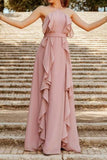 Pink A-line Floor Ruffled Bridesmaids Evening Dress