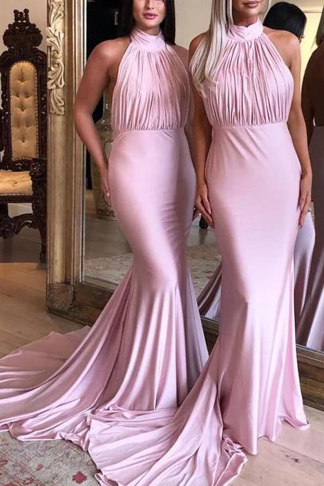 Blushing Pink Halter Ruffled Mermaid Bridesmaid Dress