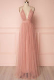 Pink Low V-neck A-line Prom Dress