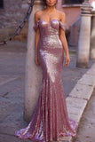 Pink Mermaid Off Shoulder Sequined Prom Dress