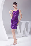 Purple One Shoulder Sequined Mini Prom Dress