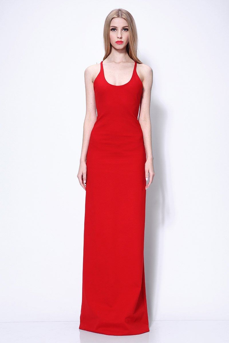 Red Cross Back Sheath Floor Length Prom Formal Dress