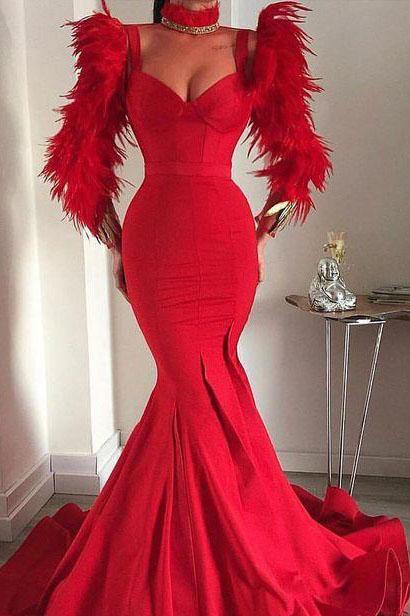 Red Mermaid V-neck Straps Feather Prom Evening Dress