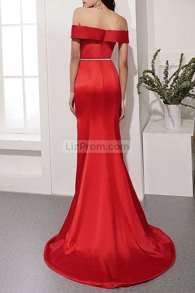 Red Off-The-Shoulder Belt Mermaid Evening Prom Dress Dresses