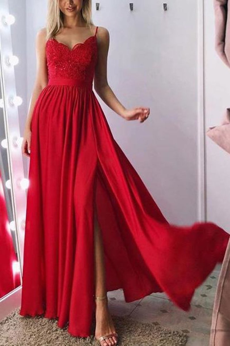 Red Spaghetti Straps V-Neck Sleeveless Rhinestone Lace Slit Prom Dress Dresses