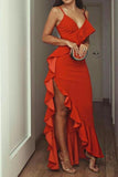 Red V-neck High Low Ruffled Evening Prom Dress