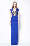 Royal Blue Cap Sleeves Beaded Sheath Formal Prom Dress
