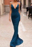 Royal Blue Deep V-neck Mermaid Evening Dress With Train