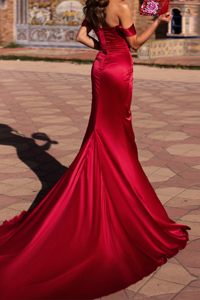 Sexy Red Off Shoulder Side Slit Prom Evening Dresses