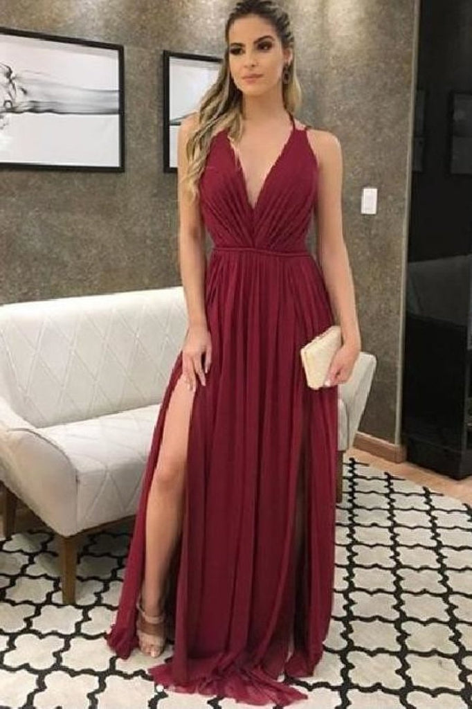 Sexy Burgundy Backless 2 Slits Evening Gown Prom Dress 0 Dresses