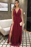 Sexy Burgundy Backless 2 Slits Evening Gown Prom Dress