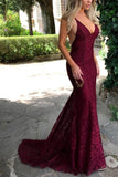 Sexy Burgundy Lace Backless Plunging Formal Dress Evening Gown