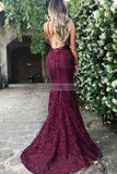 Sexy Burgundy Lace V-Neck Formal Dress Evening Gown Dresses