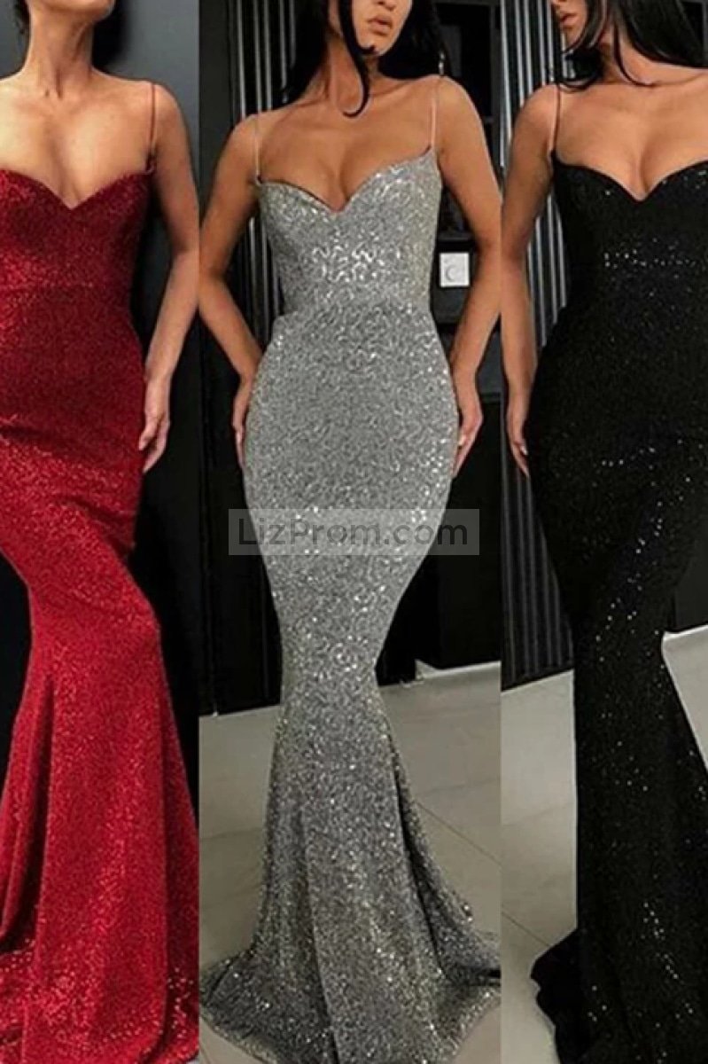 Sexy Burgundy Sequined V-Neck Mermaid Prom Dress Dresses