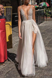 V-neck Sexy Applique See Through Thigh-high Slit Prom Dress