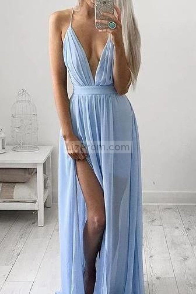 Sexy Light Sky Blue Chiffon Ruffled Deep V-Neck Spaghetti Straps Prom Dress Dresses