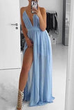 Sexy Light Sky Blue Ruffled Deep V-neck Spaghetti Straps Prom Dress